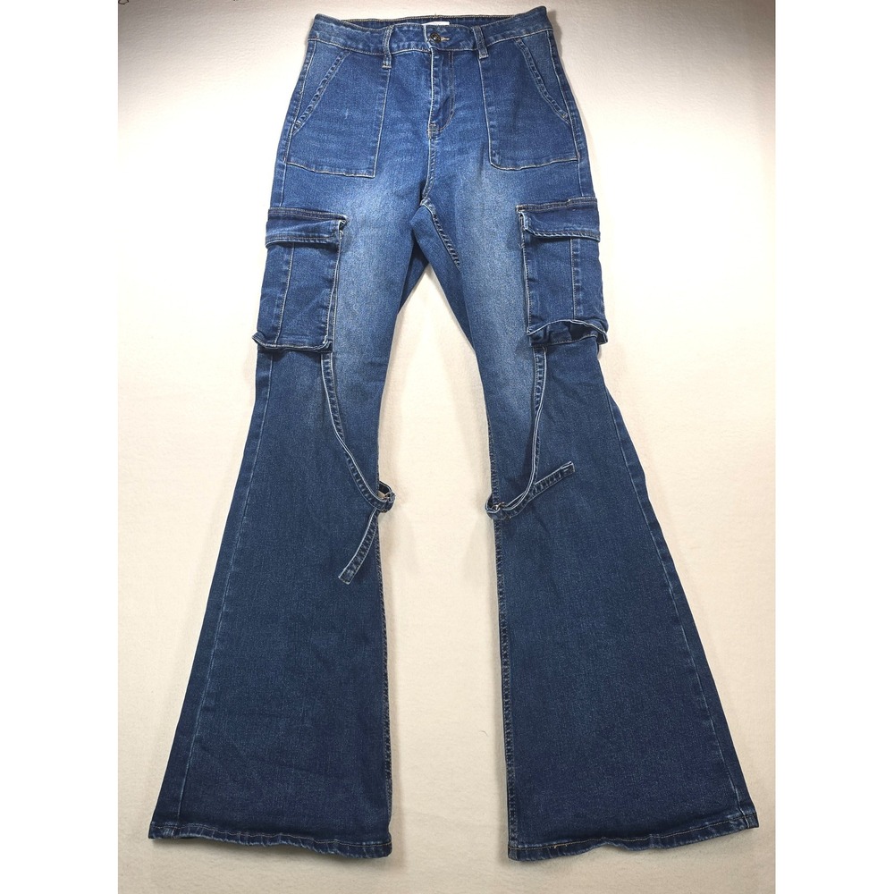 Generation K Womens High Rise Cargo Flare Jeans Medium Wash Blue Size 7 Y2K
